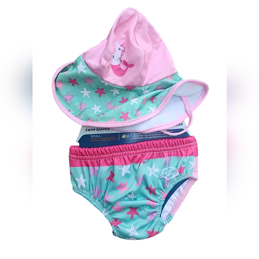 New NWT Girls Unicorn Swim Diaper 6 Months Swim Sun Hat Set